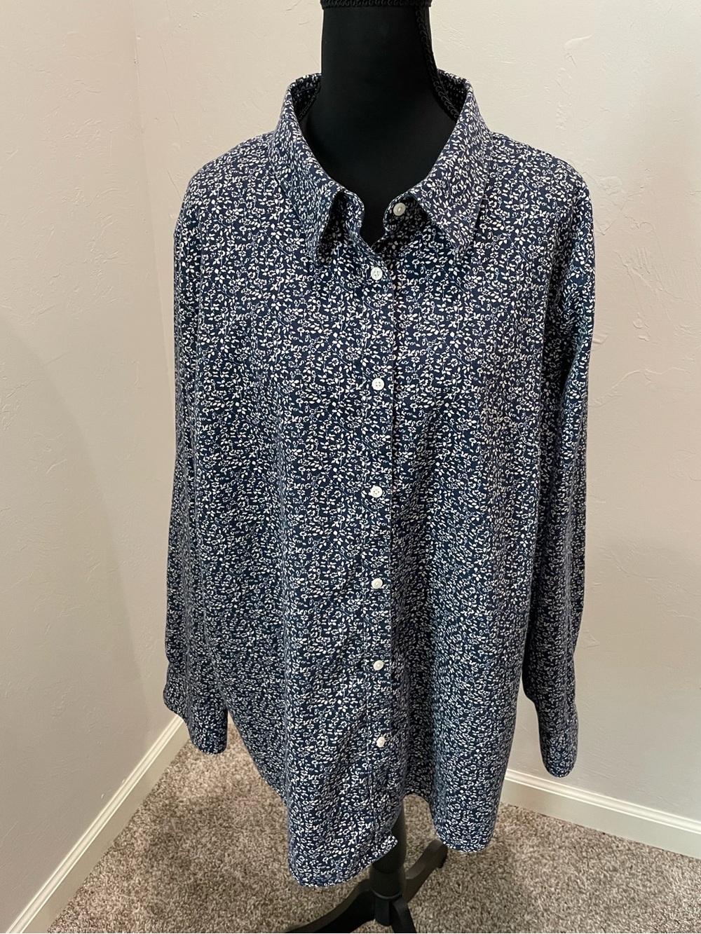 Chaps Navy Blue Floral-Print Button Down Shirt Women’s 2XL No Iron